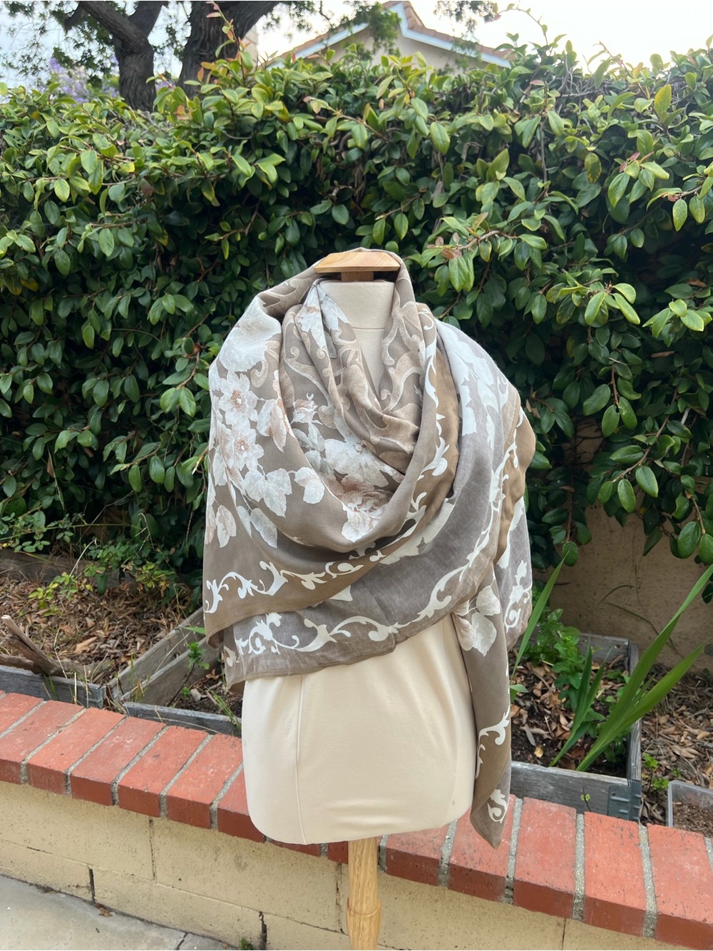 Floral Cream and Taupe Lightweight Wrap Scarf - Picture 3 of 3